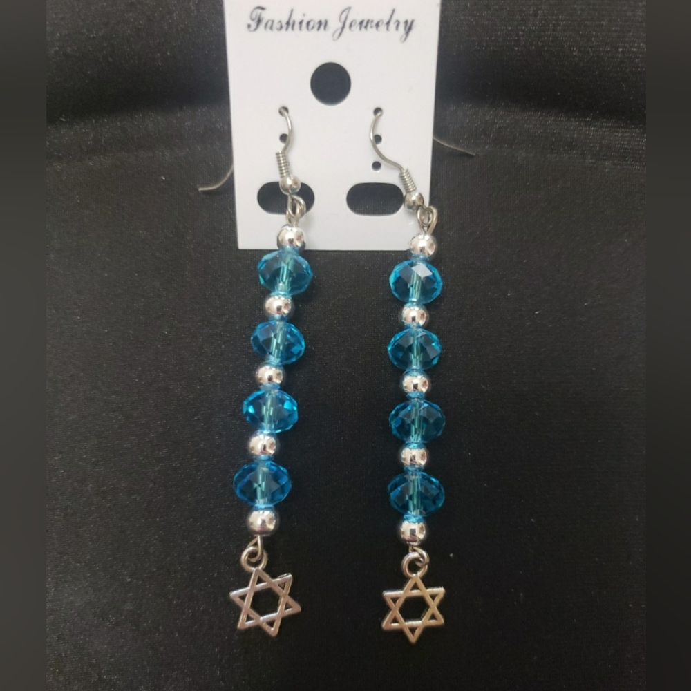 Star Of David Blue Faux Crystals, Dangling Beads Earrings.
